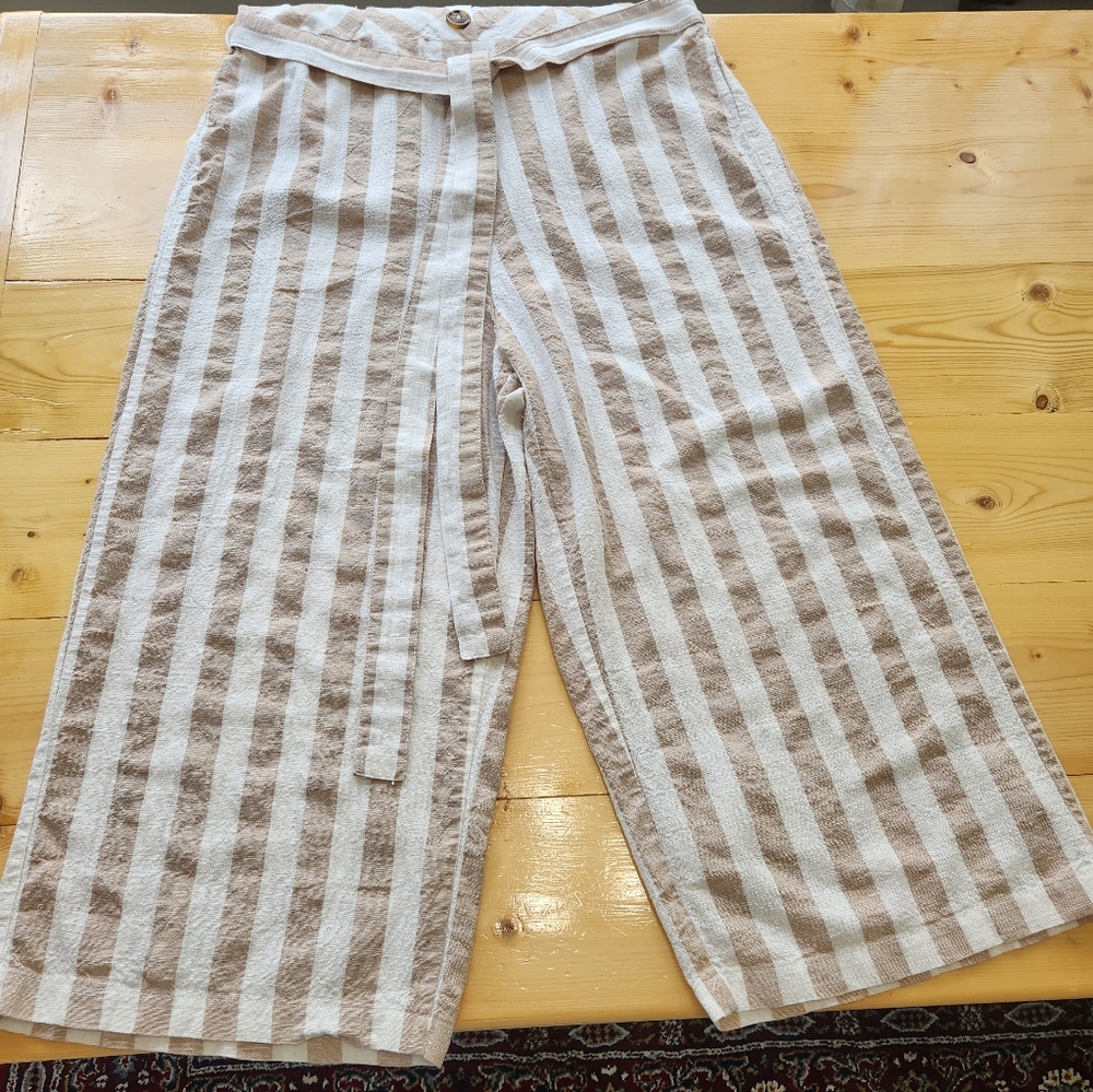 Kensie Jumpsuit Striped Cotton Linen Wide Leg Tan White Romper L - Picture 4 of 16